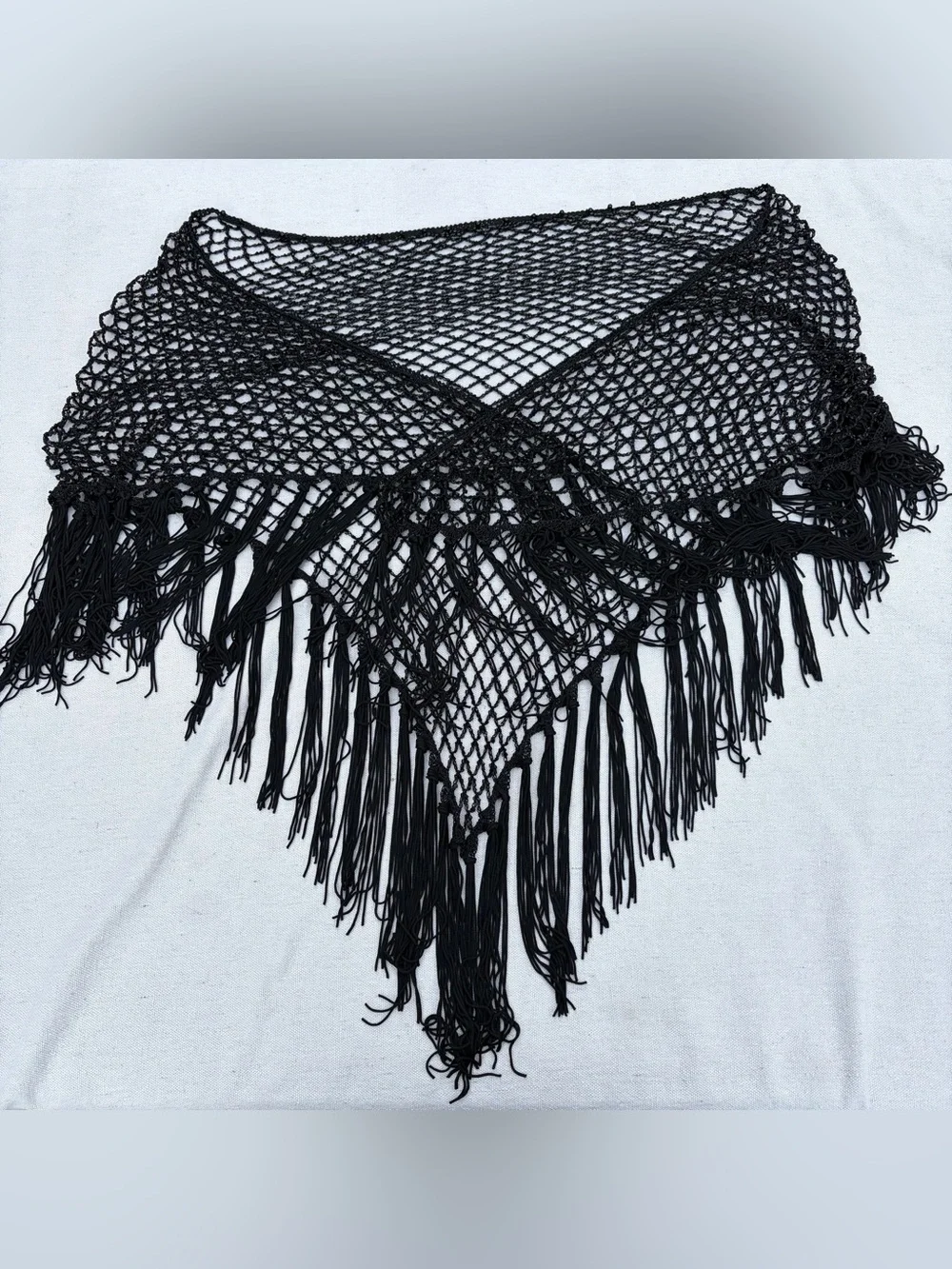 Black Crochet Beaded Fringe Shawl Wrap, Y2K Whimsygoth Festival Fairy Boho